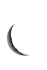 Crescent moon photographed with a telescope, where you can see the craters and the lunar surface, it will soon be a moon landing site