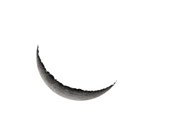 Crescent moon photographed with a telescope, where you can see the craters and the lunar surface,...
