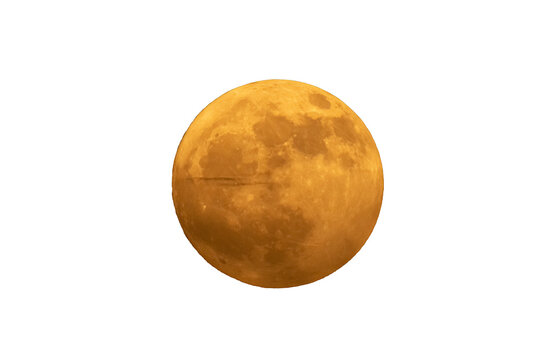 Full orange moon. Super moon photographed with a telescope and a reflex camera, the craters of the moon can be seen