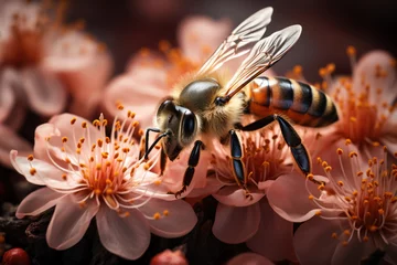 Foto auf Acrylglas A bee pollinating a flower, illustrating the crucial role of pollinators in plant reproduction. Concept of pollination. Generative Ai. © Sebastian