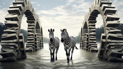  two zebras standing in water in front of a sculpture.  generative ai