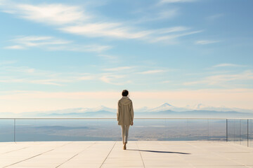 a woman gazes at the horizon to the mountains from a terrace