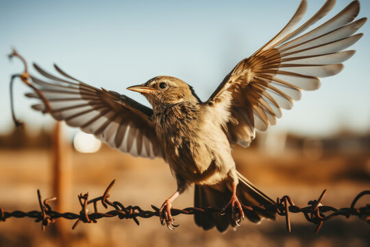 a sparrow is perched on a barbed wire with its wings open, close-up, photo