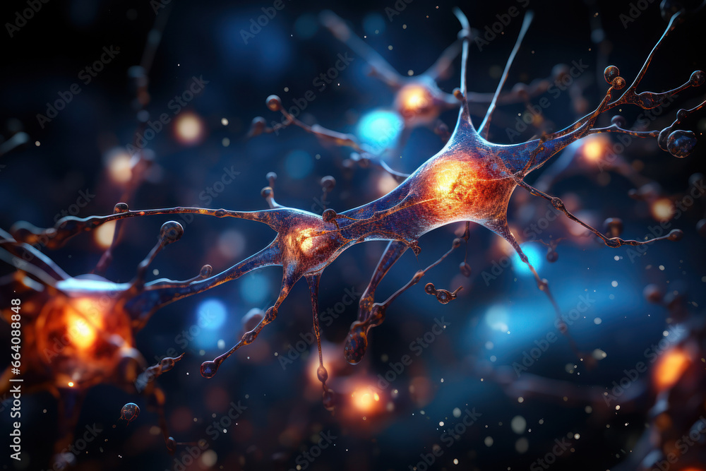 Poster a close-up of a neuron firing in the brain, symbolizing the intricacies of the nervous system. conce
