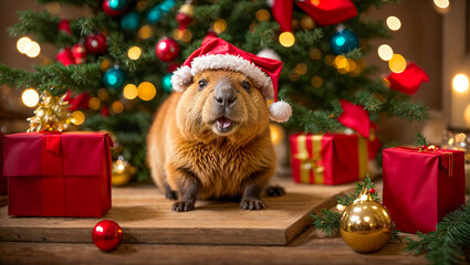 Cute capybara wearing santa hat