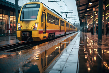 view of a train on a rainy day