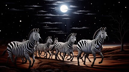 Fototapeta premium a group of zebras walking across a desert under a full moon. generative ai
