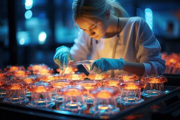 A microbiologist examining bacterial cultures in petri dishes. Concept of microbiology. Generative...