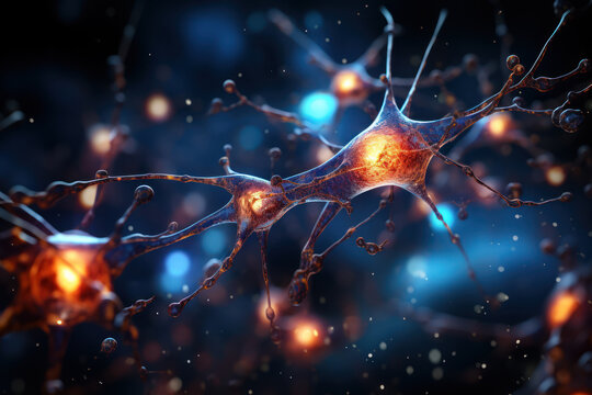 A close-up of a neuron firing in the brain, symbolizing the intricacies of the nervous system. Concept of neurobiology. Generative Ai.