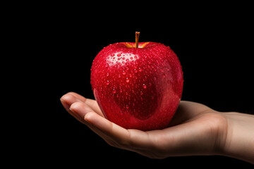 Closeup of hand holding red apple with water drops isolated on black background