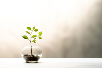 a plant inside a glass container, minimalist, copy space, zen, relaxation