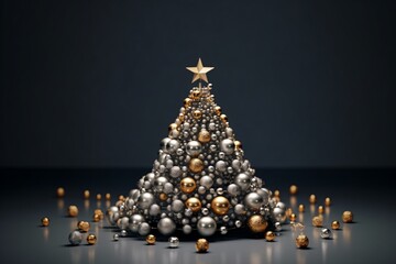 Christmas tree made of silver and gold balls on a dark background.