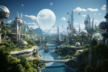 A futuristic cityscape with biotech buildings, symbolizing ethical considerations in urban planning and design. Concept of ethical architecture. Generative Ai.