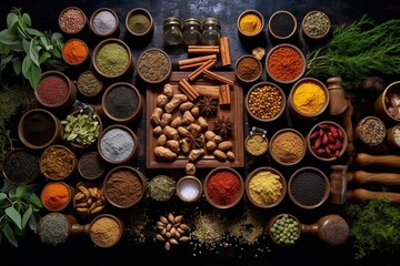 An assortment of mortar, spices, and herbs neatly displayed on a table. Generative AI