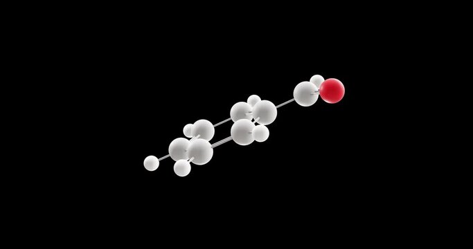 Benzaldehyde molecule, rotating 3D model of aromatic aldehyde, looped video with alpha channel