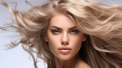 Fototapeta premium portrait of a beautiful young female model woman shaking her beautiful blonde hair in motion. isolated on white background