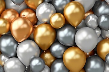 Background with shiny balloons in gold and silver. Generative AI