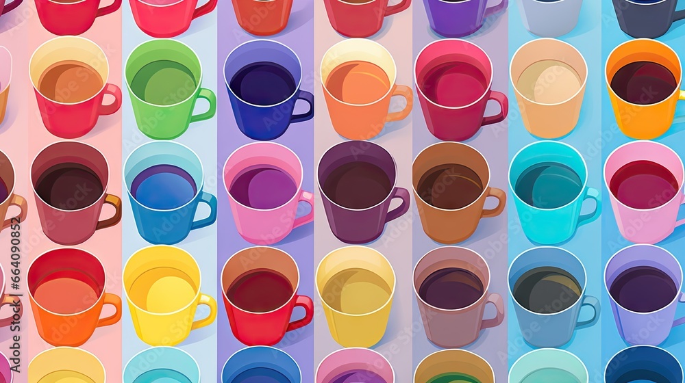 Poster a series of colorful cups of different shapes and sizes with shadows on them. generative ai