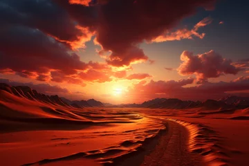 Foto op Plexiglas A vast desert landscape with rolling dunes and a brilliant sunset. Concept of solitude and natural beauty. Generative Ai. © Sebastian