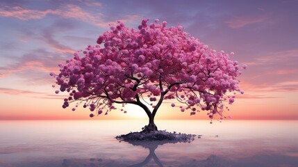 Fototapeta na wymiar a tree with pink flowers in the middle of a body of water. generative ai