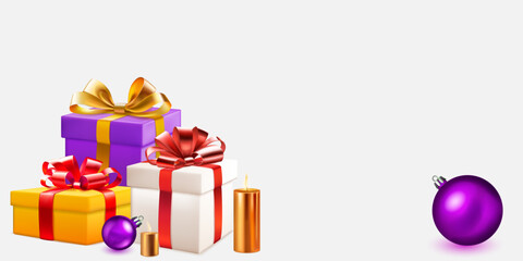 Holiday illustration with bunch of colored gift boxes with ribbons and bows, several burning candles and Christmas ball on white background