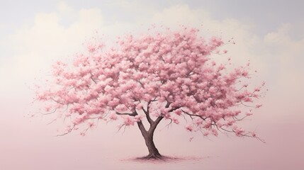  a painting of a tree with pink flowers in the foreground.  generative ai