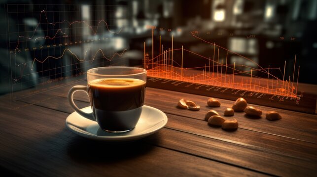 Cup of coffee over a table, table with charts, volumetric ligh