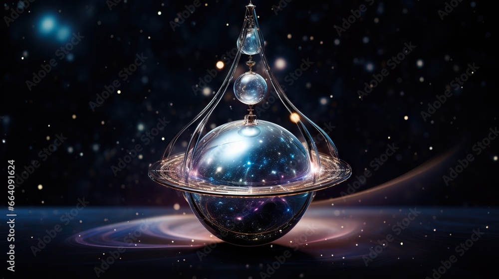 Poster an artistic image of a crystal ball with a ring around it. generative ai