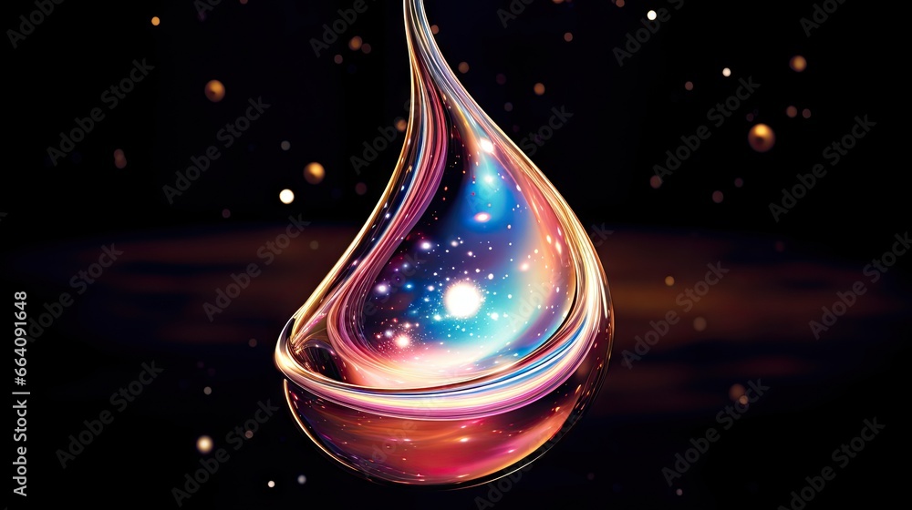 Poster a water drop with a colorful swirl and stars in the background. generative ai