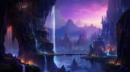  a painting of a waterfall in a fantasy landscape with a waterfall.  generative ai