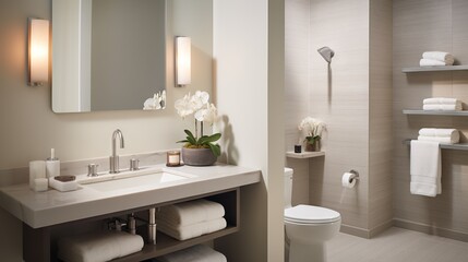 Fototapeta na wymiar a bathroom with a toilet, sink, and shower in it. generative ai