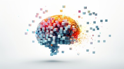 Pixel cubes vector svg, brain as brain cloud with colorful flashes social impact and with a total white background - obrazy, fototapety, plakaty