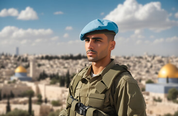Defender of the homeland: israeli soldier in the city. Portrait of a young israeli soldier with city in the background