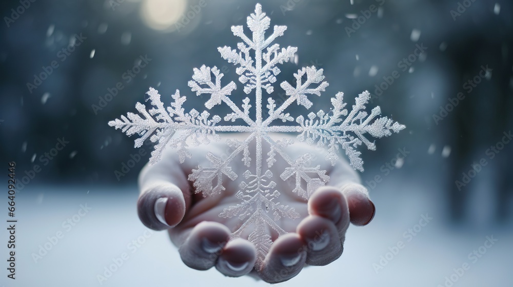 Poster a person holding a snowflake in their hands in the snow. generative ai