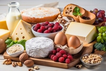 Foods abundant in vitamin D. Dairy, cereals, nutritious morning meal, excellent quality. Generative AI - obrazy, fototapety, plakaty