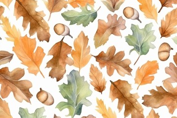 Seamless pattern of watercolor oak leaves and acorns. Generative AI
