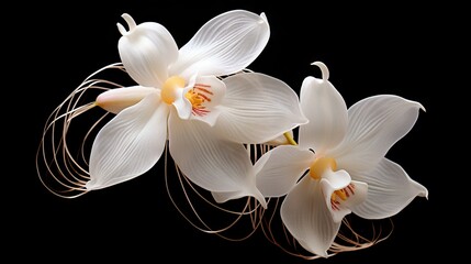  two white orchids with yellow centers on a black background.  generative ai
