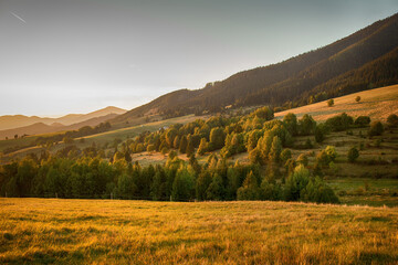 View of beautiful mountain slopes and meadow during autumn season.