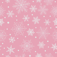 Christmas seamless pattern of beautiful complex white snowflakes on pink background. Winter illustration with falling snow