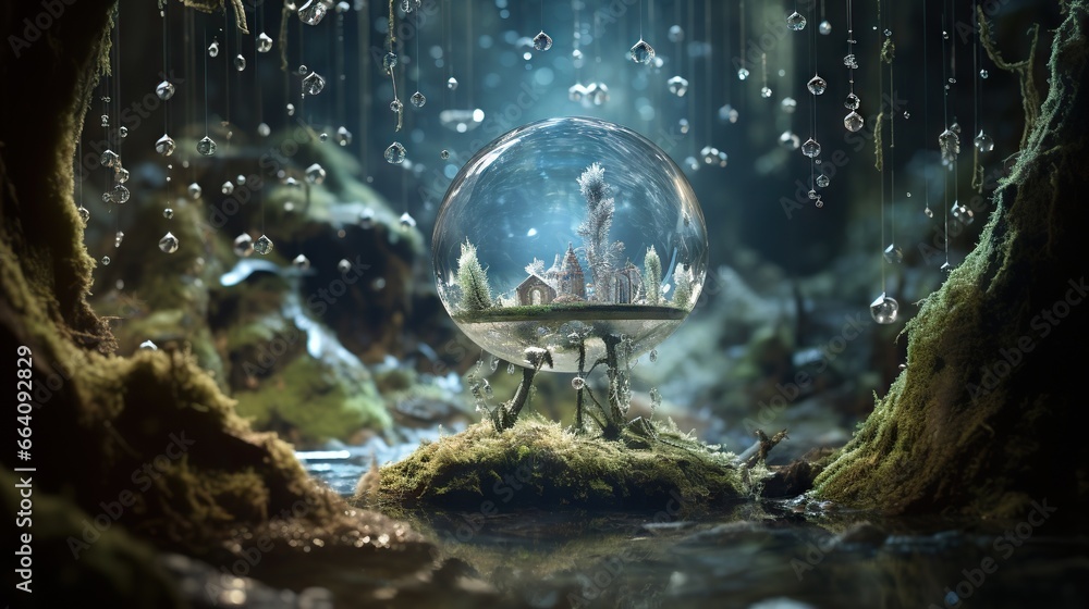 Poster a snow globe with a castle in it surrounded by moss. generative ai