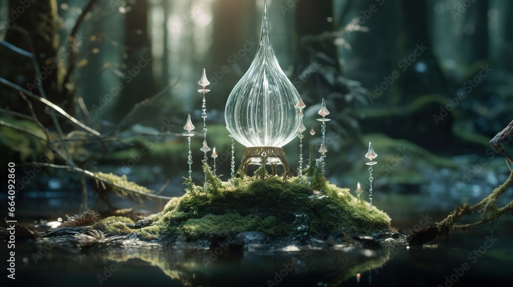 Poster a small house in the middle of a forest surrounded by trees. generative ai