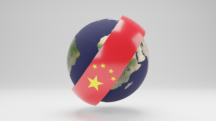 3d rendering of planet Earth and a red hoop with the flag of China. The idea of global domination, economic monopoly and China's superiority