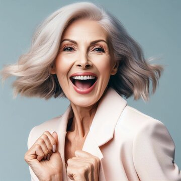 ne beautiful woman about 50, with gray hair, in a pink jacket, laughs with her mouth wide open, revealing even white teeth, dancing, joy and enjoyment of life, happy aging and enjoying life, gray 