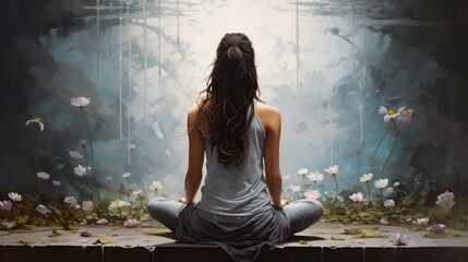Women sitting doing yoga back view at nature background. AI generated image