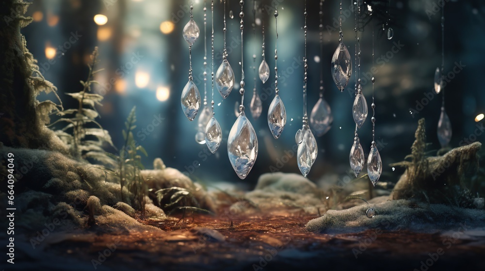 Poster a group of crystal drops hanging from a tree in a forest. generative ai