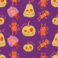 Halloween cat and pumpkins seamless ghost and skulls and poison pattern for wrapping paper and fabrics