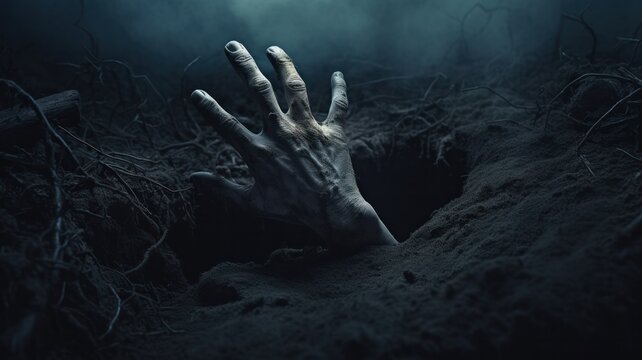 A zombie hand rises from the dead, its skin cracked and peeling. Halloween concept, horror.