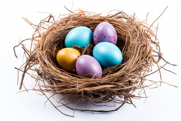 Fototapeta na wymiar Festive Nest: Colorful Eggs on a White Isolated Background