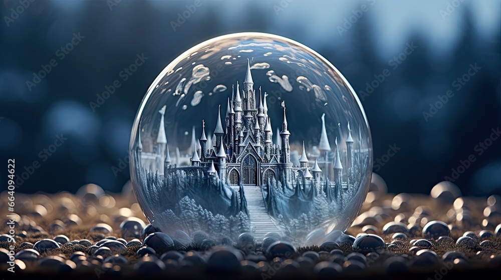 Poster a snow globe with a castle in it on a bed of snow. generative ai