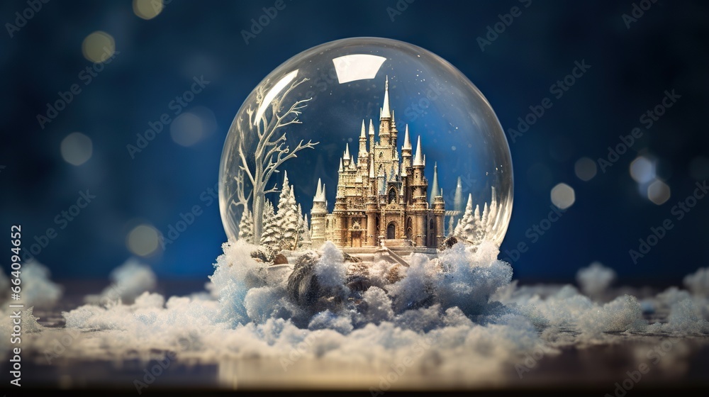 Poster a snow globe with a castle in it on a table. generative ai